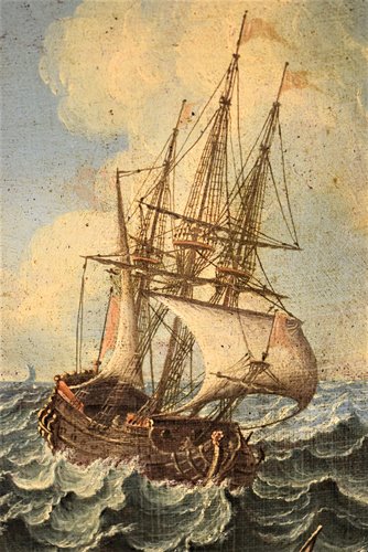 Stormy marine with galleons on the coasts